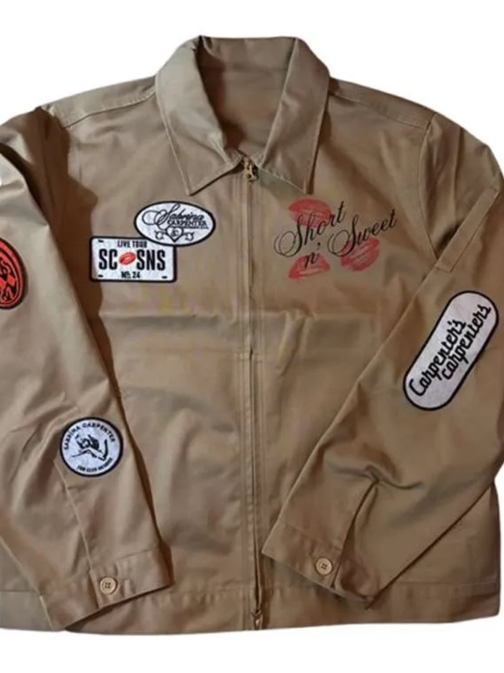 Sabrina Carpenter Short N’ Sweet Tour Women's Tan Varsity Zip Patch Jacket